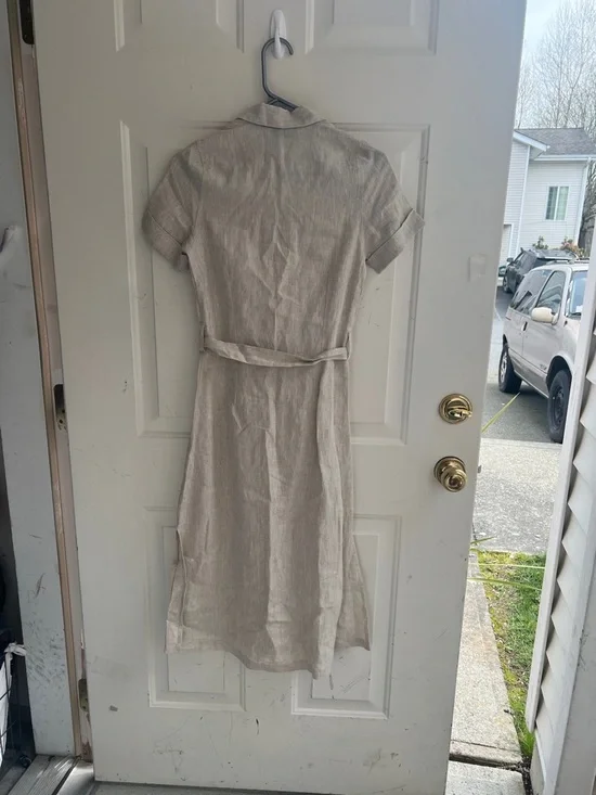 NWT Hiris Cotton Button-Front Short Sleeve Linen Midi Dress in Natural Beige - Picture 14 of 15